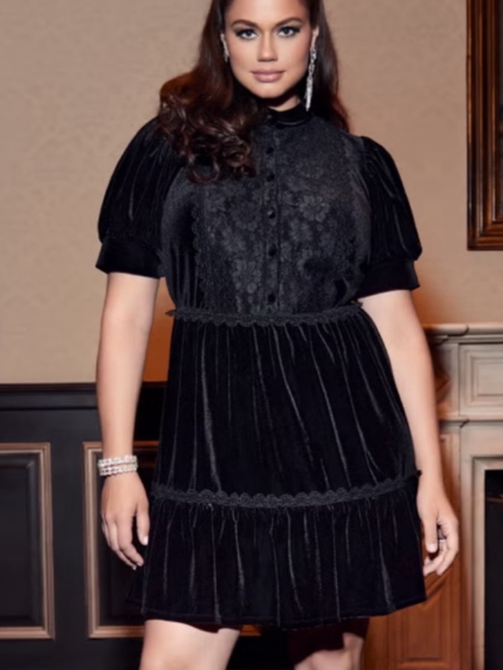 ELOQUII Elements Black Velvet Lace Puff Sleeve Mini Dress Plus Size 24
